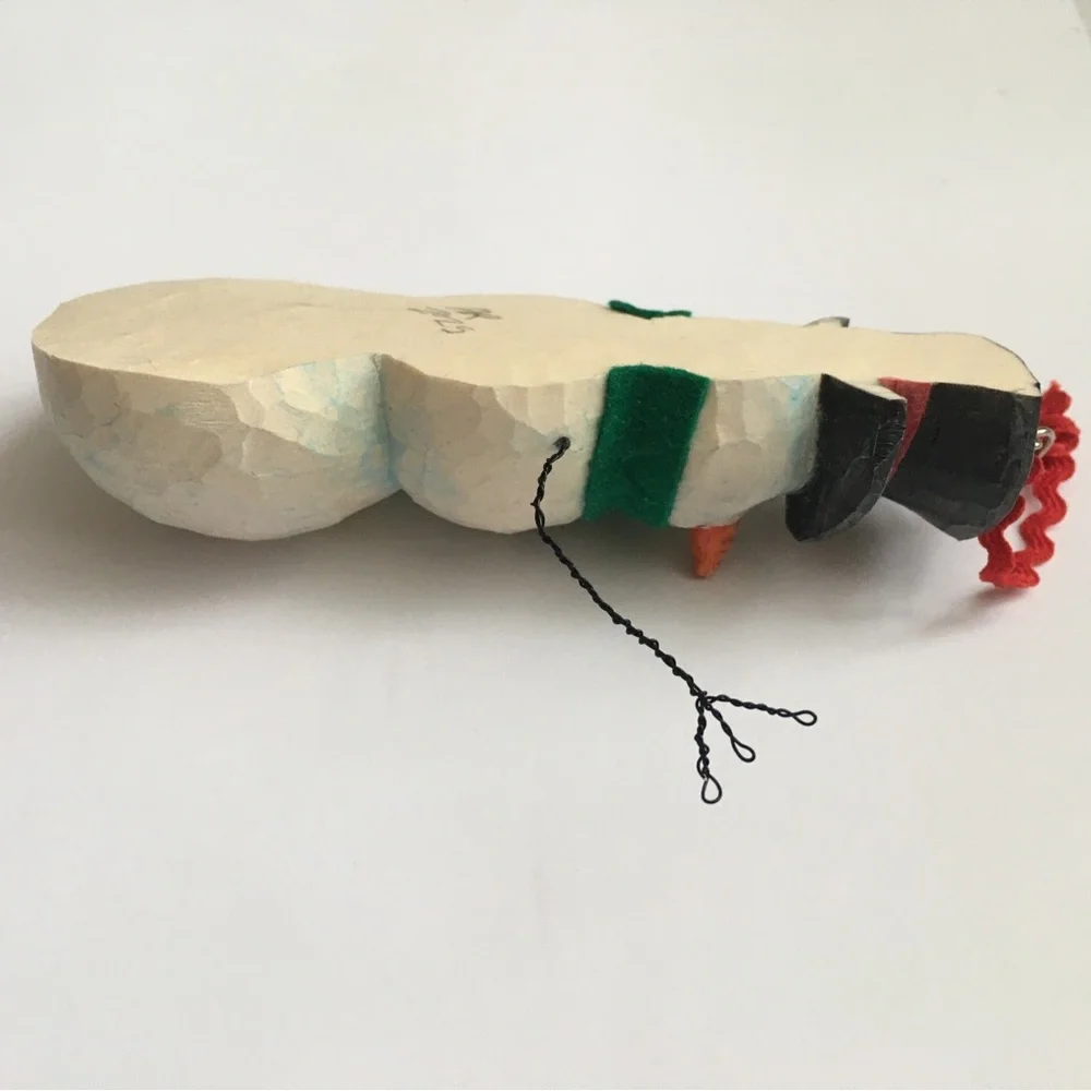 Hand Carved Wooden Snowman Ornament with Green Felt Scarf - Picture 2 of 2